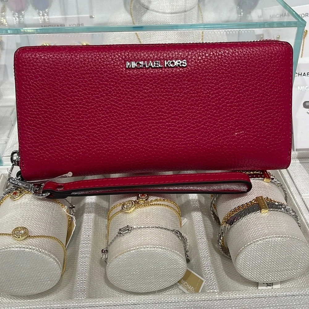 MICHAEL KORS Large Pebbled Leather Continental Wallet Phone Holder Wristlet  NWT